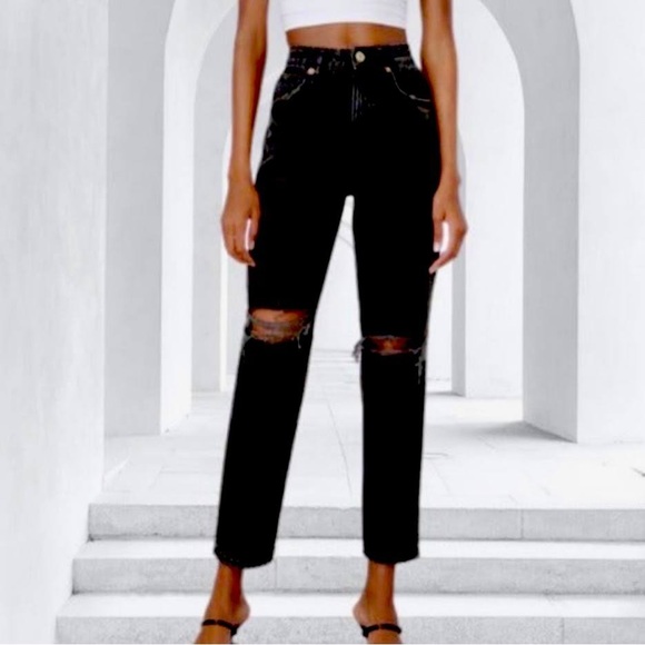 Zara Mom Fit Jeans Straight Leg Ripped Black - Picture 4 of 12